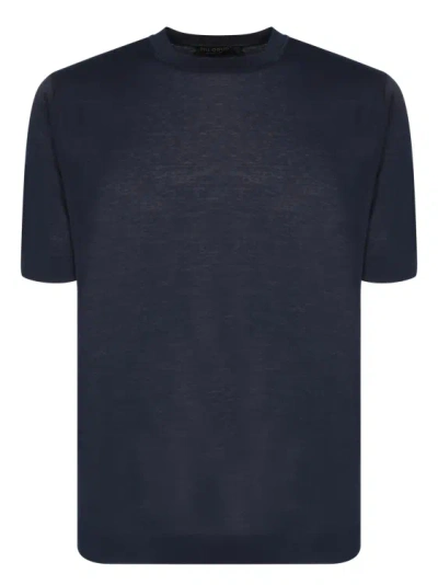 DELL'OGLIO SHORT SLEEVE T-SHIRT MADE FROM COTTON CREPE. UNIFORM BLUE COLOR. CREW NECK.