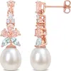 Delmar 18k Rose Gold Plated Morganite, White Topaz, Aquamarine & 8.5–9mm Cultured Pearl Drop Earring In Pink