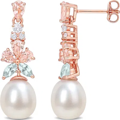Delmar 18k Rose Gold Plated Morganite, White Topaz, Aquamarine & 8.5–9mm Cultured Pearl Drop Earring In Pink
