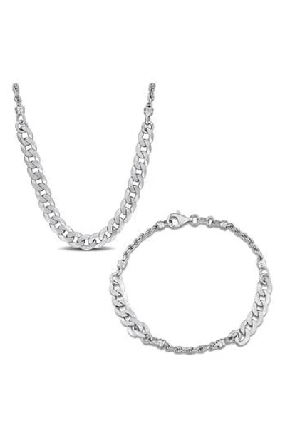 Delmar 2.5mm Curb & 6.3mm Hammered Rope Chain Necklace & Bracelet Set In Neutral