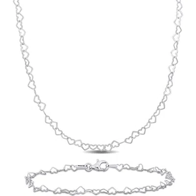 Delmar 3mm Heart Link Chain Necklace & Anklet Set In Metallic
