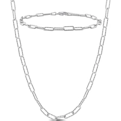 Delmar 3mm Paperclip Textured Link Chain Necklace & Bracelet Set In Metallic
