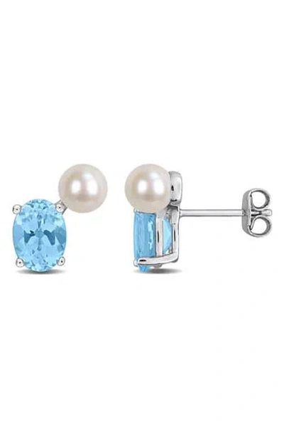 Delmar 5.5-6mm Cultured Freshwater Pearl & Sky Blue Topaz Stud Earrings