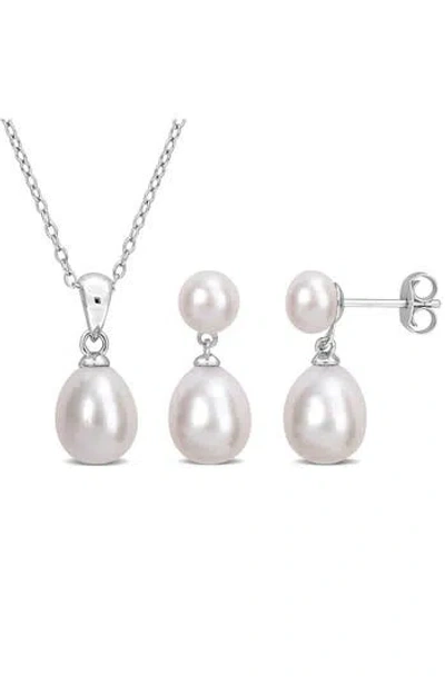 Delmar 5.5-6mm Cultured Freshwater Pearl Pendant Necklace & Earrings Set In White