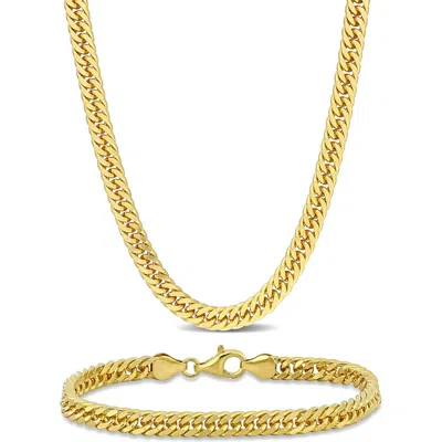 Delmar 5.5mm Double Curb Link Chain Necklace & Bracelet Set In Yellow