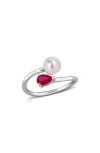 Delmar 6-6.5mm Cultured Freshwater Pearl & Stone Bypass Ring In Red
