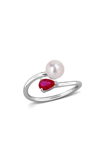 Delmar 6-6.5mm Cultured Freshwater Pearl & Stone Bypass Ring In Red