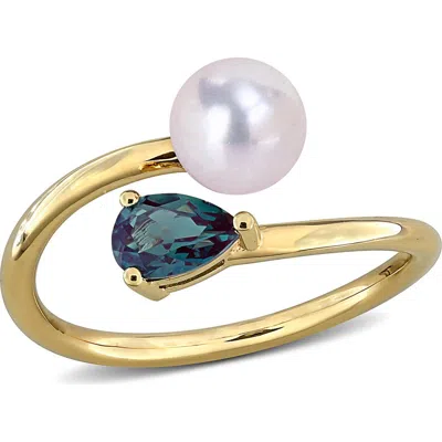 Delmar 6-6.5mm Cultured Freshwater Pearl & Stone Bypass Ring In Green