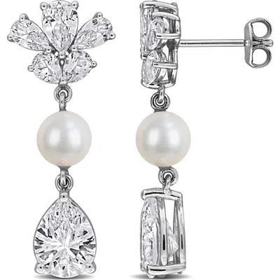 Delmar 6-6.5mm Cultured Freshwater Pearl & White Sapphire Drop Earrings In Silver