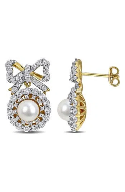 Delmar 6-6.5mm Cultured Freshwater Pearl & White Topaz Bow Stud Earrings