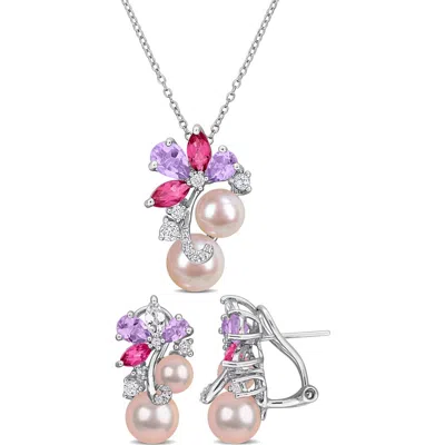Delmar 6-9mm Pink Cultured Freshwater Pearl & Stone Cluster Pendant Necklace & Stud Earrings Set In Gold