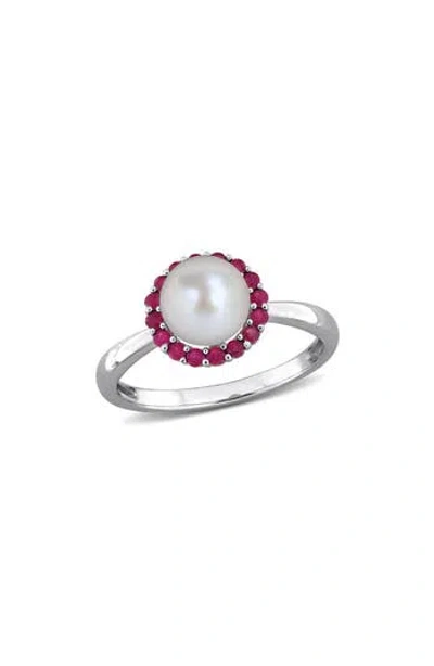 Delmar 7-7.5mm Cultured Freshwater Pearl & Created Ruby Ring In Silver