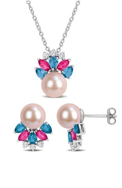 Delmar 8-8.5mm Cultured Freshwater Pearl & Gemstone Cluster Earrings & Necklace Set In Multi