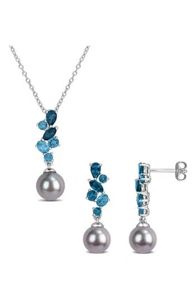 Delmar 8-8.5mm Cultured Freshwater Pearl & Gemstone Cluster Earrings & Necklace Set In Metallic