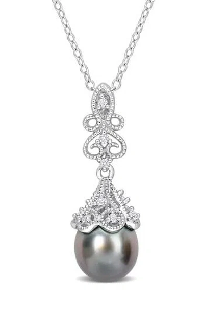 Delmar 8-8.5mm Cultured Tahitian Black Pearl & White Topaz Pendant Necklace