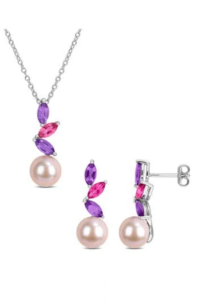 Delmar 8-8.5mm Pink Cultured Freshwater Pearl Pendant Necklace & Drop Earrings Set In Metallic