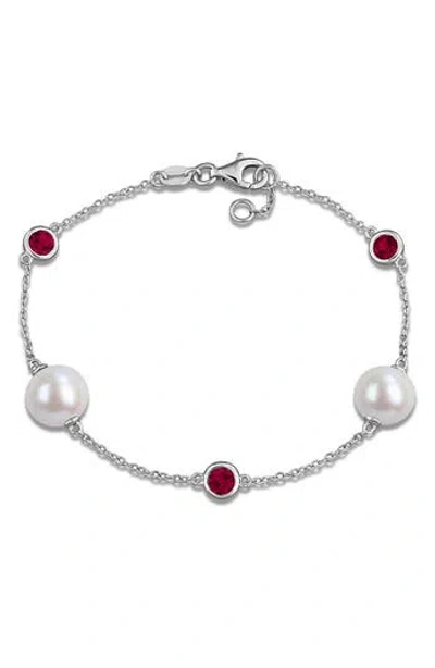 Delmar 8.5-9mm Cultured Freshwater Pearl & Stone Station Bracelet In Red