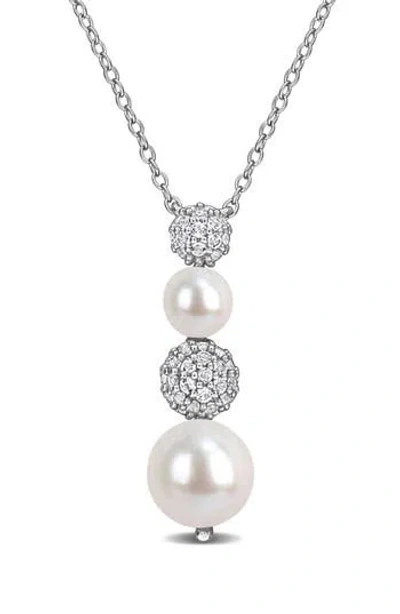 Delmar 8.8.5mm Cultured Freshwater Pearl & White Topaz Drop Necklace In Silver