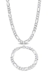 Delmar 8.9mm Flat Figaro Chain Necklace & Bracelet Set In Silver