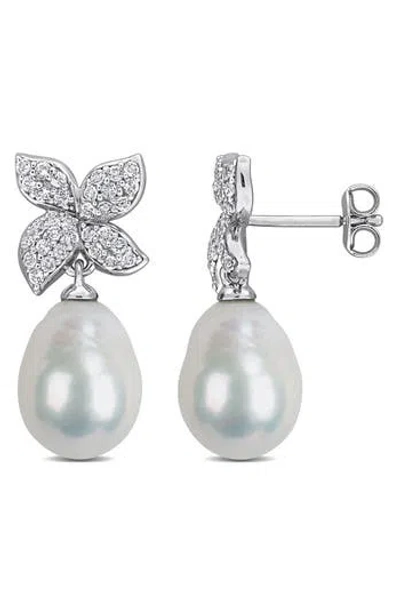 Delmar 9-10mm Cultured Freshwater Pearl & White Topaz Drop Earrings In Silver