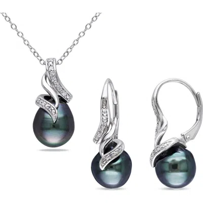 Delmar 9-9.5mm Black Tahitian Pearl & Diamond Pendant Necklace & Earrings Set In Silver