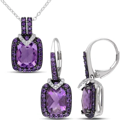 Delmar African Amethyst & Diamond Halo Pendant Necklace & Drop Earrings Set In Metallic