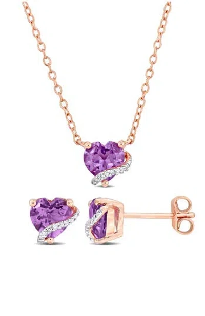 Delmar Amethyst & Diamond Heart Pendant Necklace & Stud Earrings Set In Gold