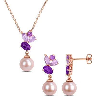 Delmar Amethyst & Pink Cultured Pearl Pendant Necklace & Drop Earrings Set In Gold