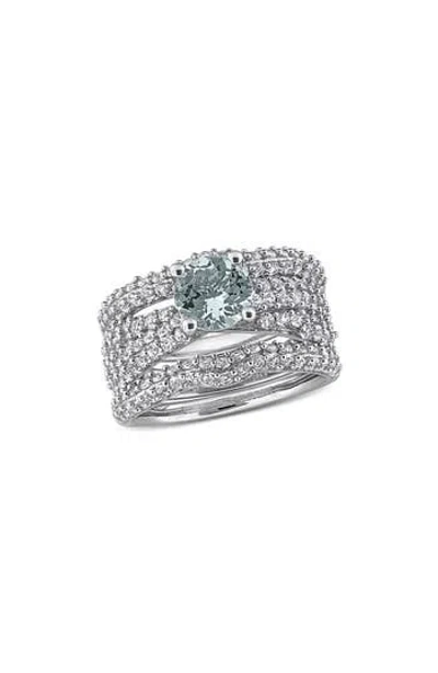 Delmar Aquamarine & Lab Grown White Sapphire Wedding Bands & Engagement Ring Set In Silver