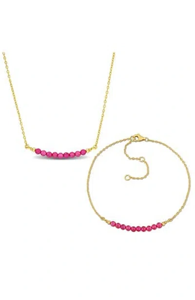Delmar Beaded Created Ruby Bracelet & Necklace Set In Gold
