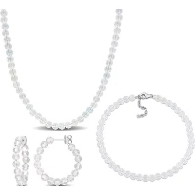 Delmar Beaded White Topaz Hoop Earrings, Bracelet & Necklace Set In Silver