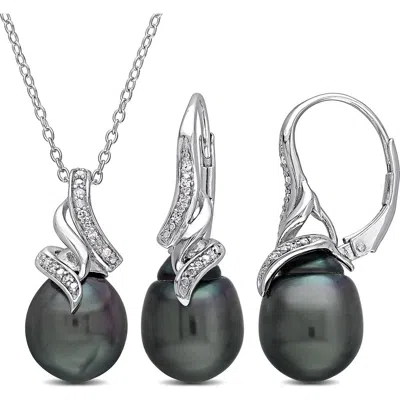 Delmar Black Cultured Freshwater Pearl & Diamond Pendant Necklace & Drop Earrings Set