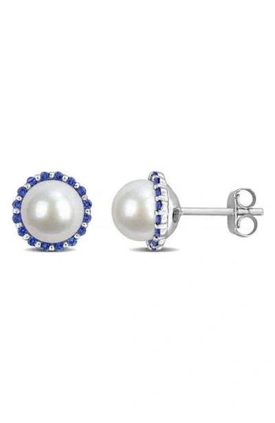 Delmar Blue Sapphire & Cultured Pearl Stud Earrings In Transparent