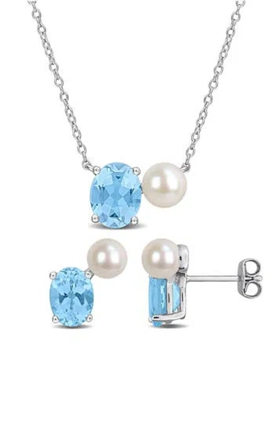 Delmar Blue Topaz & Freshwater Pearl Stud Earrings & Necklace Set In Metallic