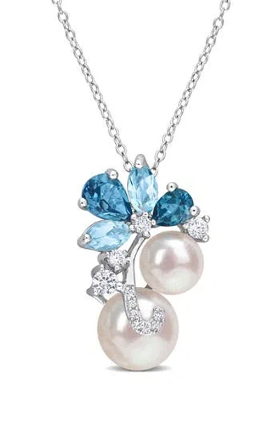 Delmar Blue Topaz, Lab-grown White Sapphire & Cultured Pearl Pendant Necklace In Multi