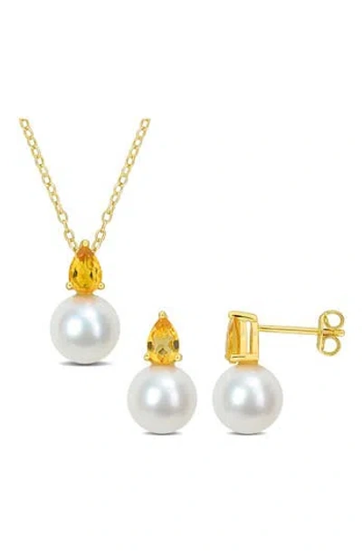 Delmar Citrine & Freshwater Pearl Stud Earrings & Pendant Necklace Set