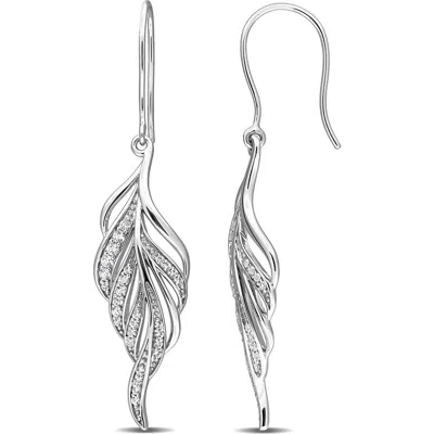 Delmar Created White Sapphire Sterling Silver Feather Drop Earrings