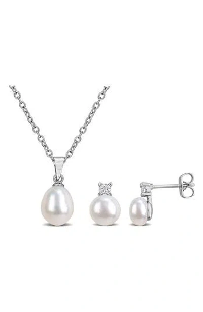 Delmar Cubic Zirconia & Cultured Pearl Pendant Necklace & Stud Earrings Set In Metallic