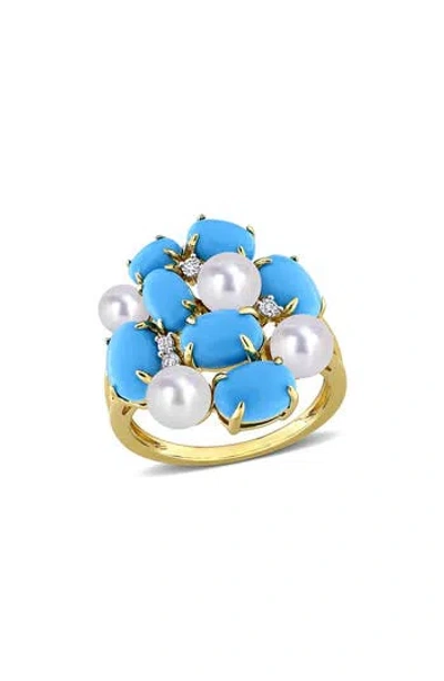 Delmar Cultured Freshwater Pearl & Created Turquoise Cluster Ring In Blue