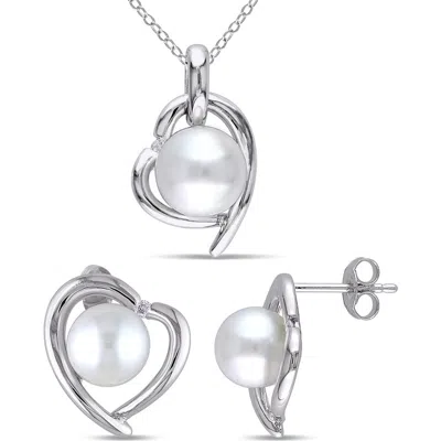 Delmar Cultured Freshwater Pearl & Diamond Heart Pendant Necklace & Stud Earrings Set In White