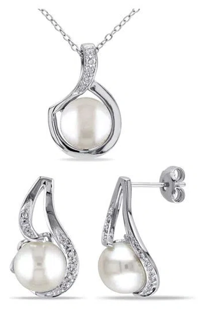 Delmar Cultured Freshwater Pearl & Diamond Pendant Necklace & Stud Earrings Set