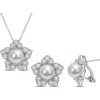 Delmar Cultured Freshwater Pearl & Lab Grown White Sapphire Flower Necklace & Earrings Set