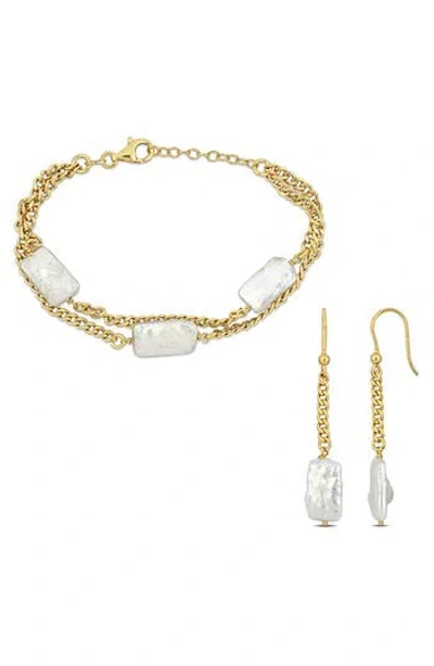 Delmar Cultured Freshwater Pearl Curb Chain Bracelet & Drop Earrings Set In Gold