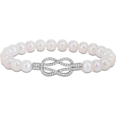 Delmar Cultured Pearl & Created White Sapphire Infinity Bracelet In Metallic