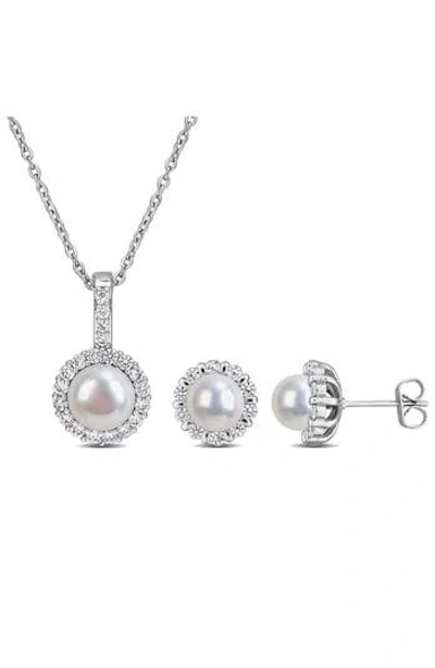 Delmar Cultured Pearl & Cubic Zirconia Halo Pendant Necklace & Stud Earrings Set In Metallic