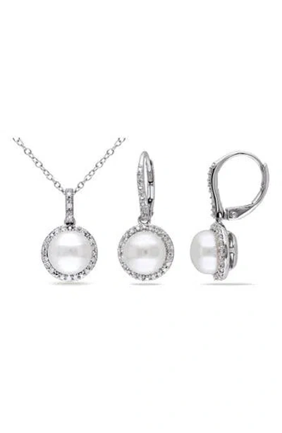 Delmar Cultured Pearl & Diamond Pendant Necklace & Drop Earrings Set In Metallic