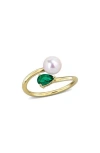 Delmar Cultured Pearl & Lab-grown Emerald Crossover Ring In Gold