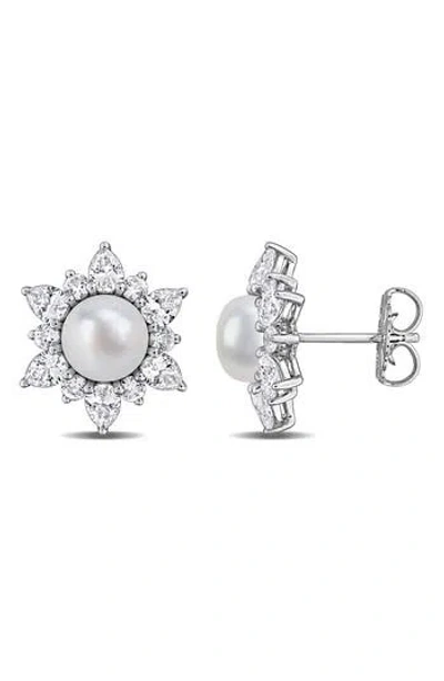 Delmar Cultured Pearl & Lab Grown White Sapphire Halo Stud Earrings In Silver