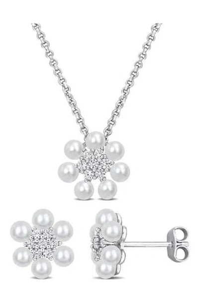 Delmar Cultured Pearl & Lab Grown White Sapphire Necklace & Earrings Set In Green