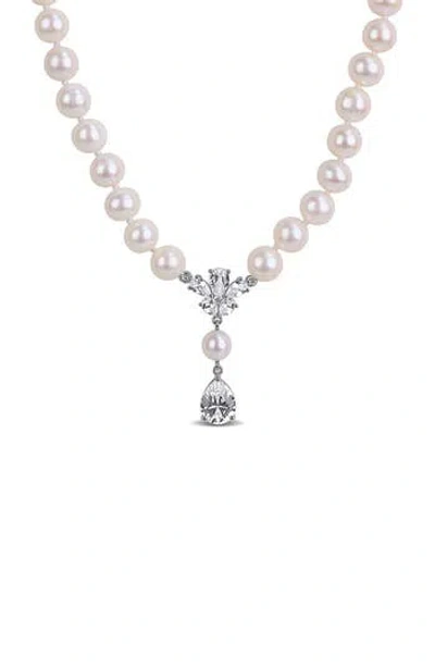 Delmar Cultured Pearl & Lab Grown White Sapphire Y-necklace In Metallic